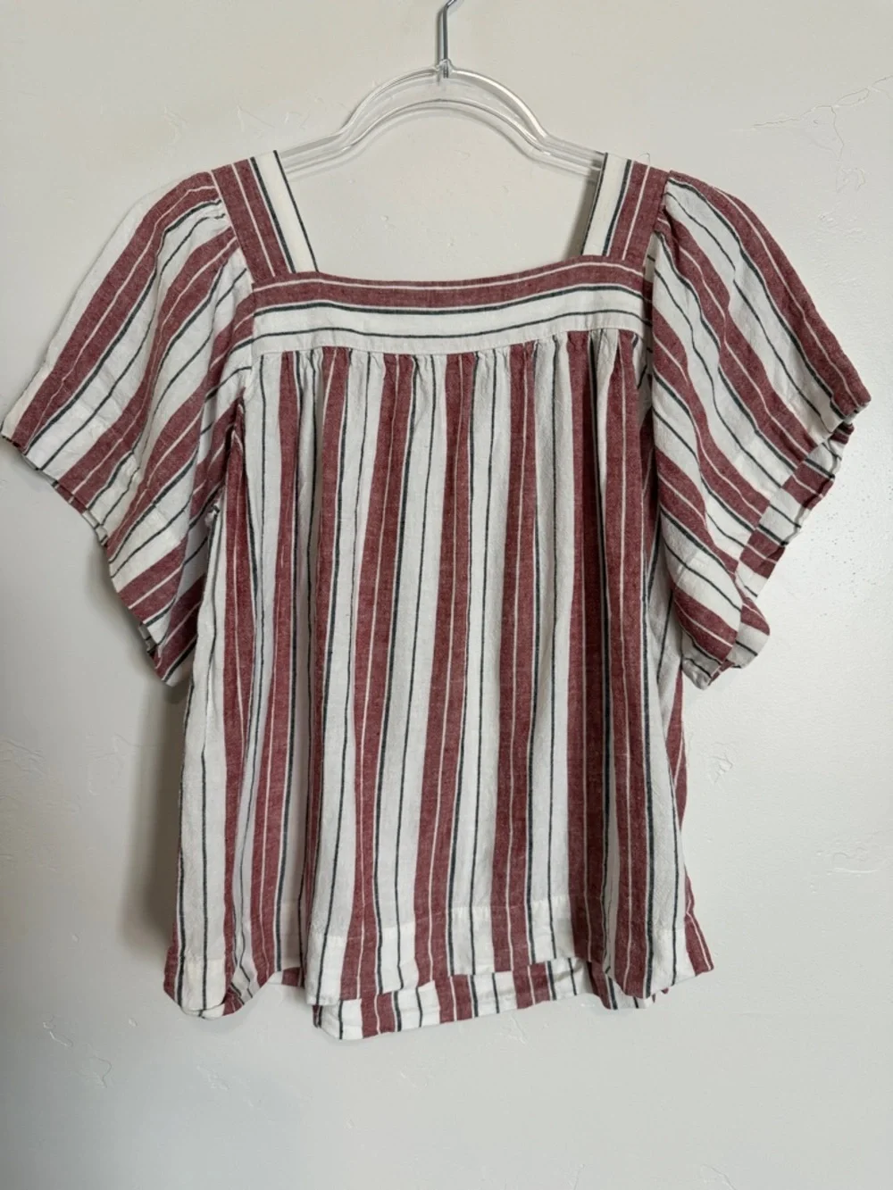 LOFT Red and White Striped Square-Neck Puff Sleeve Blouse